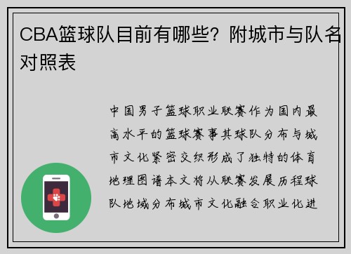 CBA篮球队目前有哪些？附城市与队名对照表